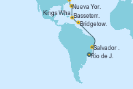 Visitando Río de Janeiro (Brasil), Salvador de Bahía (Brasil), Bridgetown (Barbados), Basseterre (Antillas), Kings Wharf (Bermudas), Nueva York (Estados Unidos)