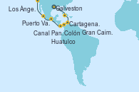 Visitando Galveston (Texas), Gran Caimán (Islas Caimán), Cartagena de Indias (Colombia), Colón (Panamá), Canal Panamá, Huatulco (México), Puerto Vallarta (México), Los Ángeles (California)