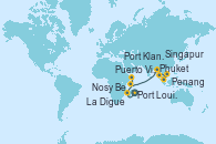 Visitando Port Louis  (Mauricio), Port Louis  (Mauricio), Nosy Be (Madagascar), Puerto Victoria (Seychelles), La Digue (Seychelles), Phuket (Tailandia), Penang (Malasia), Port Klang (Malasia), Singapur
