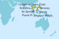 Visitando Singapur, Ko Samui (Tailandia), Laem Chabang (Bangkok/Thailandia), Ciudad Ho Chi Minh (Vietnam), Muara (Brunei), Kota Kinabalu (Borneo/Malasia), Puerto Princesa Palawan (Filipinas), Boracay (Filipinas), Manila (Filipinas)