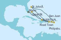 Visitando Miami (Florida/EEUU), Puerto Plata, Republica Dominicana, Road Town (Isla Tórtola/Islas Vírgenes), St. John´s (Antigua y Barbuda), Philipsburg (St. Maarten), San Juan (Puerto Rico), Great Stirrup Cay (Bahamas), Miami (Florida/EEUU)