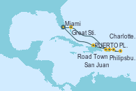 Visitando Miami (Florida/EEUU), Great Stirrup Cay (Bahamas), Road Town (Isla Tórtola/Islas Vírgenes), Philipsburg (St. Maarten), Charlotte Amalie (St. Thomas), San Juan (Puerto Rico), Puerto Plata, Republica Dominicana, Miami (Florida/EEUU)