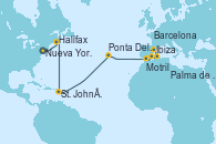 Visitando Nueva York (Estados Unidos), Halifax (Canadá), St. John´s (Antigua y Barbuda), Ponta Delgada (Azores), Motril (Granada/Andalucía), Ibiza (España), Palma de Mallorca (España), Barcelona