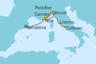 Visitando Barcelona, Cannes (Francia), Génova (Italia), Niza (Francia), Portofino (Italia), Livorno, Pisa y Florencia (Italia), Civitavecchia (Roma)