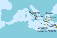 Visitando Civitavecchia (Roma), Nápoles (Italia), Kusadasi (Efeso/Turquía), Atenas (Grecia), Santorini (Grecia), Haifa (Israel), Ashdod (Israel), Limassol (Chipre), Civitavecchia (Roma)