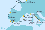 Visitando Southampton (Inglaterra), Le Havre (Francia), Oporto (Portugal), Lisboa (Portugal), Cádiz (España), Málaga, Palma de Mallorca (España), Barcelona, Cannes (Francia), Livorno, Pisa y Florencia (Italia), Nápoles (Italia), Civitavecchia (Roma)