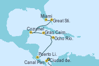 Visitando Ciudad de Panamá (Panamá), Canal Panamá, Puerto Limón (Costa Rica), Ocho Ríos (Jamaica), Gran Caimán (Islas Caimán), Cozumel (México), Great Stirrup Cay (Bahamas), Miami (Florida/EEUU)
