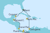 Visitando Miami (Florida/EEUU), Ocho Ríos (Jamaica), Cartagena de Indias (Colombia), Canal Panamá, Colón (Panamá), Puerto Limón (Costa Rica), Harvest Caye (Belize), Cozumel (México), Miami (Florida/EEUU)