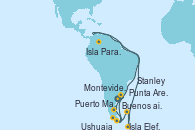 Visitando Buenos aires, Montevideo (Uruguay), Puerto Madryn (Argentina), Punta Arenas (Chile), Stanley (Malvinas), Isla Elefante (Antártida), Isla Paraíso (Venezuela), Ushuaia (Argentina), Ushuaia (Argentina)