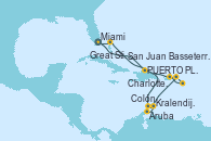 Visitando Miami (Florida/EEUU), Puerto Plata, Republica Dominicana, Aruba (Antillas), Kralendijk (Antillas), Colón, Charlotte Amalie (St. Thomas), Basseterre (Antillas), San Juan (Puerto Rico), Great Stirrup Cay (Bahamas), Miami (Florida/EEUU)