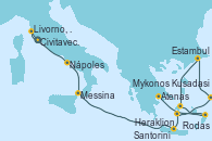 Visitando Civitavecchia (Roma), Livorno, Pisa y Florencia (Italia), Nápoles (Italia), Messina (Sicilia), Heraklion (Creta), Santorini (Grecia), Kusadasi (Efeso/Turquía), Estambul (Turquía), Mykonos (Grecia), Rodas (Grecia), Atenas (Grecia)