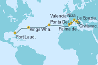 Visitando Civitavecchia (Roma), La Spezia, Florencia y Pisa (Italia), Niza (Francia), Palma de Mallorca (España), Valencia, Ponta Delgada (Azores), Kings Wharf (Bermudas), Fort Lauderdale (Florida/EEUU)