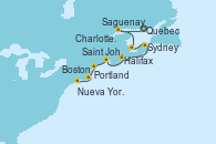 Visitando Quebec (Canadá), Saguenay (Canadá), Charlottetown (Canadá), Sydney (Nueva Escocia/Canadá), Halifax (Canadá), Saint John (New Brunswick/Canadá), Portland (Maine/Estados Unidos), Boston (Massachusetts), Nueva York (Estados Unidos)
