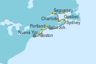 Visitando Nueva York (Estados Unidos), Boston (Massachusetts), Portland (Maine/Estados Unidos), Saint John (New Brunswick/Canadá), Sydney (Nueva Escocia/Canadá), Charlottetown (Canadá), Saguenay (Canadá), Quebec (Canadá)