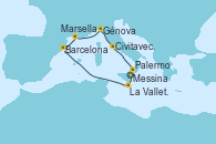 Visitando Messina (Sicilia), La Valletta (Malta), Barcelona, Marsella (Francia), Génova (Italia), Civitavecchia (Roma), Palermo (Italia)
