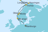 Visitando Hamburgo (Alemania), Molde (Noruega), Tromso (Noruega), Longyearbyen (Noruega), Honningsvag (Noruega), Honningsvag (Noruega), Olden (Noruega), Stavanger (Noruega), Hamburgo (Alemania)
