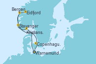 Visitando Warnemunde (Alemania), Stavanger (Noruega), Eidfjord (Hardangerfjord/Noruega), Bergen (Noruega), Kristiansand (Noruega), Copenhague (Dinamarca), Warnemunde (Alemania)