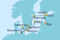 Visitando Warnemunde (Alemania), Roenne (Dinamarca), Visby (Suecia), Riga (Letonia), Tallin (Estonia), Helsinki (Finlandia), Estocolmo (Suecia), Estocolmo (Suecia), Copenhague (Dinamarca), Karlskrona (Suecia), Warnemunde (Alemania)