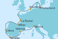 Visitando Warnemunde (Alemania), Ijmuiden (Ámsterdam), La Rochelle (Francia), Bilbao (España), Lisboa (Portugal), Gibraltar (Inglaterra), Valencia, Génova (Italia)