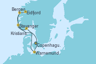 Visitando Copenhague (Dinamarca), Warnemunde (Alemania), Stavanger (Noruega), Eidfjord (Hardangerfjord/Noruega), Bergen (Noruega), Kristiansand (Noruega), Copenhague (Dinamarca)