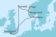 Visitando Southampton (Inglaterra), Lerwick (Escocia), Haugesund (Noruega), Flam (Noruega), Kristiansand (Noruega), Southampton (Inglaterra)