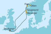 Visitando Southampton (Inglaterra), Stavanger (Noruega), Olden (Noruega), Flam (Noruega), Haugesund (Noruega), Southampton (Inglaterra)