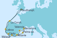 Visitando Southampton (Inglaterra), La Coruña (Galicia/España), Cádiz (España), Málaga, Alicante (España), Palma de Mallorca (España), Barcelona, Valencia, Lisboa (Portugal), Southampton (Inglaterra)