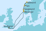 Visitando Southampton (Inglaterra), Haugesund (Noruega), Aalesund (Noruega), Flam (Noruega), Stavanger (Noruega), Southampton (Inglaterra)