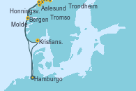 Visitando Hamburgo (Alemania), Aalesund (Noruega), Honningsvag (Noruega), Honningsvag (Noruega), Tromso (Noruega), Trondheim (Noruega), Molde (Noruega), Bergen (Noruega), Kristiansand (Noruega), Hamburgo (Alemania)