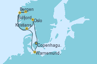 Visitando Copenhague (Dinamarca), Warnemunde (Alemania), Bergen (Noruega), Eidfjord (Hardangerfjord/Noruega), Kristiansand (Noruega), Oslo (Noruega), Copenhague (Dinamarca)