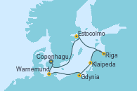 Visitando Copenhague (Dinamarca), Warnemunde (Alemania), Gdynia (Polonia), Klaipeda (Lituania), Riga (Letonia), Estocolmo (Suecia), Copenhague (Dinamarca)