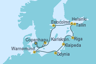 Visitando Copenhague (Dinamarca), Karlskrona (Suecia), Warnemunde (Alemania), Gdynia (Polonia), Klaipeda (Lituania), Riga (Letonia), Tallin (Estonia), Helsinki (Finlandia), Estocolmo (Suecia), Estocolmo (Suecia), Copenhague (Dinamarca)