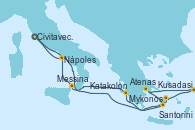 Visitando Civitavecchia (Roma), Mykonos (Grecia), Kusadasi (Efeso/Turquía), Atenas (Grecia), Santorini (Grecia), Katakolon (Olimpia/Grecia), Messina (Sicilia), Nápoles (Italia), Civitavecchia (Roma)