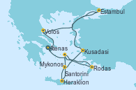 Visitando Atenas (Grecia), Volos (Grecia), Estambul (Turquía), Estambul (Turquía), Kusadasi (Efeso/Turquía), Santorini (Grecia), Heraklion (Creta), Mykonos (Grecia), Rodas (Grecia), Atenas (Grecia)