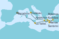 Visitando Barcelona, La Valletta (Malta), Atenas (Grecia), Kusadasi (Efeso/Turquía), Santorini (Grecia), Mykonos (Grecia), Katakolon (Olimpia/Grecia), Civitavecchia (Roma)