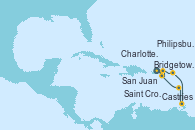 Visitando San Juan (Puerto Rico), Saint Croix (Islas Vírgenes), Charlotte Amalie (St. Thomas), Philipsburg (St. Maarten), Castries (Santa Lucía/Caribe), Bridgetown (Barbados), San Juan (Puerto Rico)