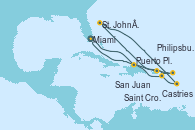 Visitando Miami (Florida/EEUU), Puerto Plata, Republica Dominicana, San Juan (Puerto Rico), Philipsburg (St. Maarten), St. John´s (Antigua y Barbuda), Castries (Santa Lucía/Caribe), Saint Croix (Islas Vírgenes), Miami (Florida/EEUU)