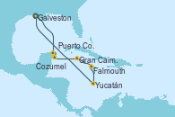 Visitando Galveston (Texas), Puerto Costa Maya (México), Cozumel (México), Gran Caimán (Islas Caimán), Falmouth (Jamaica), Yucatán (Progreso/México), Galveston (Texas)