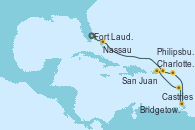 Visitando Fort Lauderdale (Florida/EEUU), Nassau (Bahamas), Charlotte Amalie (St. Thomas), Philipsburg (St. Maarten), Castries (Santa Lucía/Caribe), Bridgetown (Barbados), San Juan (Puerto Rico)