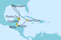 Visitando Galveston (Texas), Cozumel (México), Puerto Costa Maya (México), Belize (Caribe), Roatán (Honduras), Gran Caimán (Islas Caimán), Galveston (Texas)