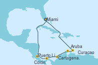 Visitando Miami (Florida/EEUU), Puerto Limón (Costa Rica), Colón (Panamá), Cartagena de Indias (Colombia), Aruba (Antillas), Aruba (Antillas), Curacao (Antillas), Miami (Florida/EEUU)