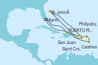 Visitando Miami (Florida/EEUU), Puerto Plata, Republica Dominicana, San Juan (Puerto Rico), Philipsburg (St. Maarten), Castries (Santa Lucía/Caribe), St. John´s (Antigua y Barbuda), Saint Croix (Islas Vírgenes), Miami (Florida/EEUU)