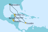 Visitando Galveston (Texas), Yucatán (Progreso/México), Cozumel (México), Roatán (Honduras), Belize (Caribe), Puerto Costa Maya (México), Galveston (Texas)