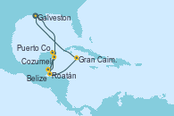 Visitando Galveston (Texas), Cozumel (México), Belize (Caribe), Puerto Costa Maya (México), Roatán (Honduras), Gran Caimán (Islas Caimán), Galveston (Texas)