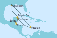 Visitando Galveston (Texas), Yucatán (Progreso/México), Cozumel (México), Puerto Costa Maya (México), Belize (Caribe), Roatán (Honduras), Galveston (Texas)