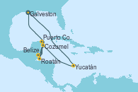 Visitando Galveston (Texas), Yucatán (Progreso/México), Cozumel (México), Belize (Caribe), Puerto Costa Maya (México), Roatán (Honduras), Galveston (Texas)