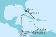Visitando Miami (Florida/EEUU), Puerto Limón (Costa Rica), Colón (Panamá), Cartagena de Indias (Colombia), Aruba (Antillas), Aruba (Antillas), CocoCay (Bahamas), Miami (Florida/EEUU)