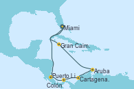 Visitando Miami (Florida/EEUU), Puerto Limón (Costa Rica), Colón (Panamá), Cartagena de Indias (Colombia), Aruba (Antillas), Aruba (Antillas), Gran Caimán (Islas Caimán), Miami (Florida/EEUU)