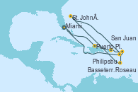 Visitando Miami (Florida/EEUU), Puerto Plata, Republica Dominicana, San Juan (Puerto Rico), Philipsburg (St. Maarten), Roseau (Dominica), St. John´s (Antigua y Barbuda), Basseterre (Antillas), Miami (Florida/EEUU)