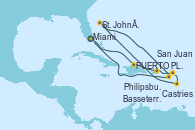 Visitando Miami (Florida/EEUU), Puerto Plata, Republica Dominicana, San Juan (Puerto Rico), Philipsburg (St. Maarten), Castries (Santa Lucía/Caribe), St. John´s (Antigua y Barbuda), Basseterre (Antillas), Miami (Florida/EEUU)